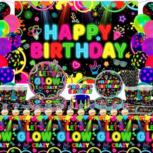 160 Pack Glow Party Supplies Neon Birthday Parties Decorations Glow Parties Tableware Set Including Plates Backdrop Balloons Napkins Tablecloths Neon in Dark Theme Party Supplies Serves 20