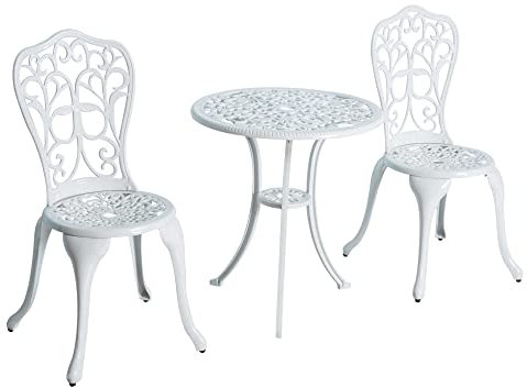 Outsunny 3 Pieces Antique Garden Bistro Set for 2, Cast Aluminium Garden Furniture Set with Umbrella Hole for Balcony, Porch, Patio, White