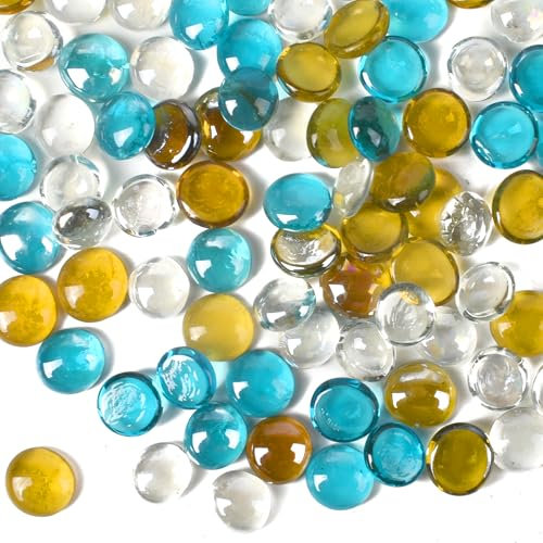 VIOCIWUO Lot de 100 galets en verre plat marbré de 0,5 kg de couleurs mélangées pour arrangements floraux, vases, pierres précieuses à fond plat pour aquarium, décoration de vase (transparent, bleu