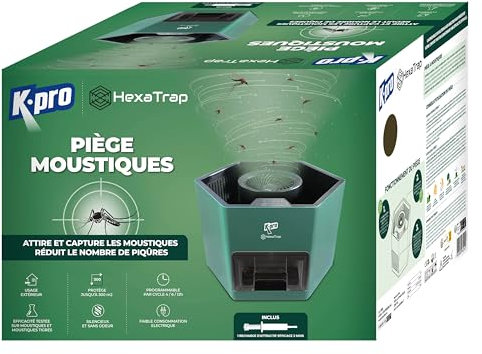 K.Pro Piège à Moustiques Exterieur avec 1 seringue d'attractif. Attire et Capture Les moustiques et Assure 3 Mois de tranquillité jusqu'à 300m². Electrique et Programmable, Silencieux et sans Odeur