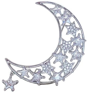 Crescent Mond Brosche mit Kristallsternen, Silberfarben, Eleganter Modeschmuck