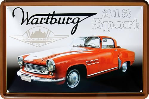 WOGEKA ART Retro Blechschild - Wartburg 313 Sport - DDR Oldtimer Auto, 20 x 30 cm, Ostalgie Vintage Metallschild als Geschenk zur Werkstatt und Garagen Deko für Ossis 770