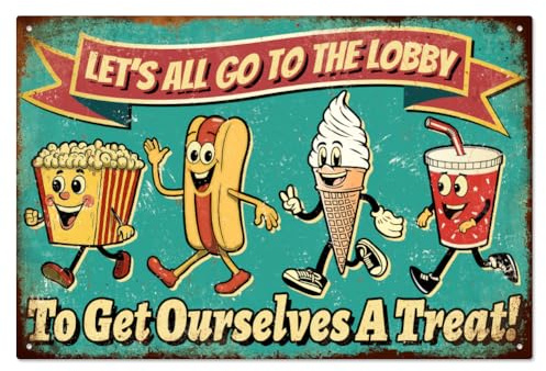 WADORN Lustiges Metallschild Mit Snacks, 30x20cm Lustiges Retro Blechschild Für Kinos Vintage Stil 'Lasst Uns alle In Die Lobby Gehen Um Uns Eine Belohnung Zu Holen' Wandkunst Poster Plakette