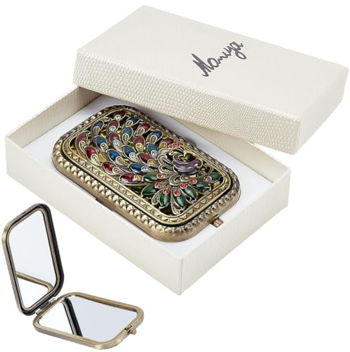 SOFPLATE Vintage Schminkspiegel Faltbar Mini Taschenspiegel Im Retro Pfauenmuster Doppelseitig Mit Normaler Und Vergrößerungslinse Ideal Für Unterwegs Und Zum Auffrischen des Make Ups.