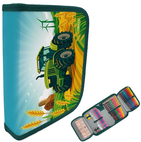itenga Federmäppchen Jungen 28-teilig gefüllt – Schüler-Etui 1-Zipper mit Stiften, Lineal & Zubehör – Mäppchen Schule Grundschule (Motiv Traktor Turbo Trak)
