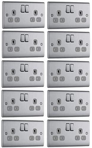 10 x BG Nexus NBS22G Twin Switch Sockets 13 Amp Double Pole Brushed Steel/Grey Inserts