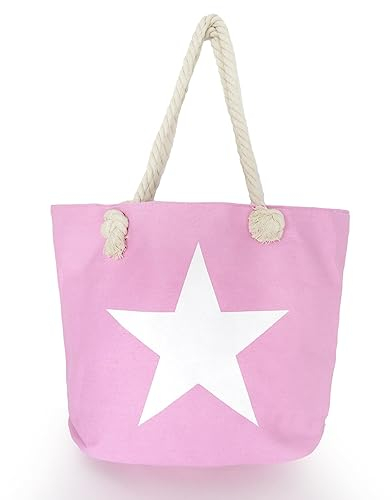 Sonia Originelli Strandtasche Uni mit Sternaufdruck Seilkordeln Shopper Farbe Rosa