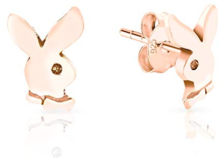 DTPsilver® KLEINE Ohrringe 925 Sterling Silber Rosen-Gold überzogen - Playboy Häschen Hase Ohrstecker - Messung 7 x 9 mm