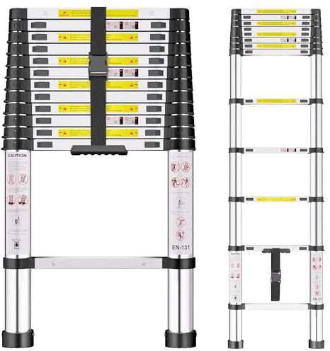 Telescopic Ladder, 3.8M Stainless Steel Loft Ladder with Non-Slip Feet and Triangle Support, Portable Ladders Extendable Thickened High-Strength, Ladders for Roof Attic Caravans