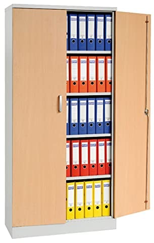 Aktenschrank Stahlschrank Büroschrank mit Dekor-Flügeltüren in Holzoptik, 195x92x42cm, Grau/Buche