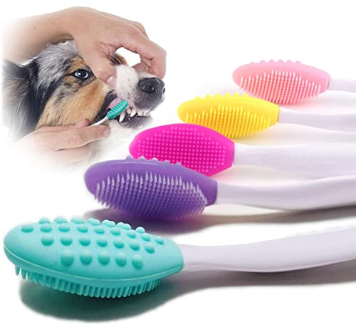 5 Stück Hundezahnbürste,Hund Zahnbürste für Pet Dental Care,Silikon doppelseitig Weicher Komfort Schonender Zahnbürsten-Satz mit 5,7 Zoll gebogenem langem Griff für kleine Welpen Hunde Katzen