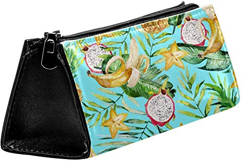 EZIOLY Aquarell-Tasche, tropische grüne Palmenblätter, Banane, Ananas, Pitaya, blauer Hintergrund für Stifte, Bleistifte, Kosmetiktasche mit Reißverschluss