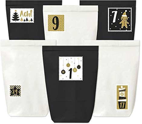 Papierdrachen Adventskalender zum Befüllen - 24 Papiertüten in schwarz und weiß sowie 24 Zahlenaufkleber (goldene Briefmarken) - zum Selbermachen und Befüllen - Weihnachten