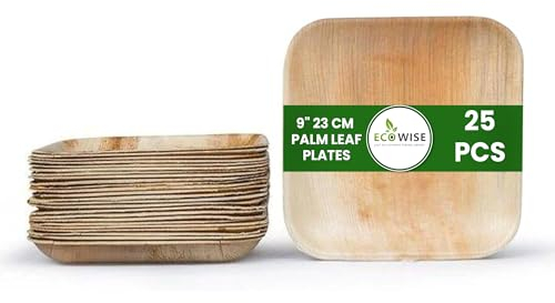 EcoWise 25 Palm Leaf Plates 9 Inch Square Eco-Friendly Biodegradable Compostable Bamboo Plates- Disposable Plates for Parties Picnic Perfect for Hot and Cold Food