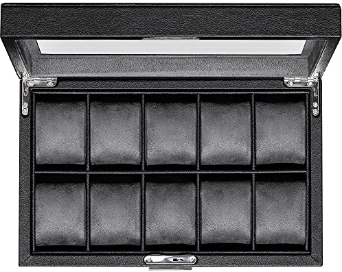 ROTHWELL Uhrenbox aus Leder mit 10 Fächern – Luxus-Uhrenetui, Veranstalter Uhrenaufbewahrung, Ultraweiches Mikro Wildlederimitat Futter, Abschließbarer Schmuck-Uhrenhalter mit Großer Glasplatte