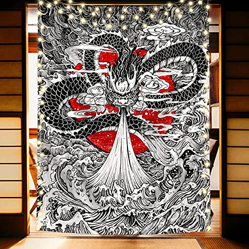 Japanischer Great Wave Red Sun Tapisserie Cool Dragon King Anime Schwarz Wandbehang Wandteppich für Männer Zimmer Dekor, japanischer Stil Kunst Sonnenuntergang Ozean Tapestry für Teen Wohnheim