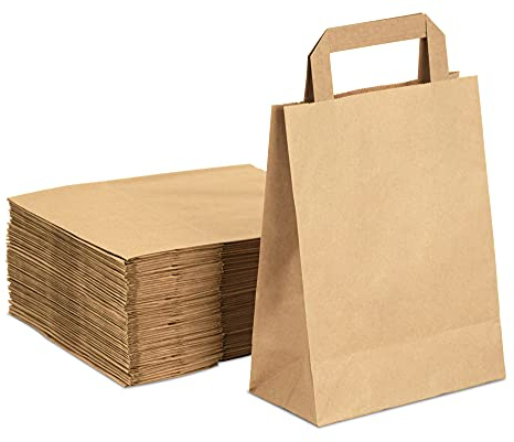 Ecocleo® Papiertüten mit Henkel, Geschenktüten | 50 Stück Feste Papiertragetaschen, Papiertüten braun | Solide Papiertaschen, ökologische Papiertüten braun Henkel | 18cm x 9cm x 23cm