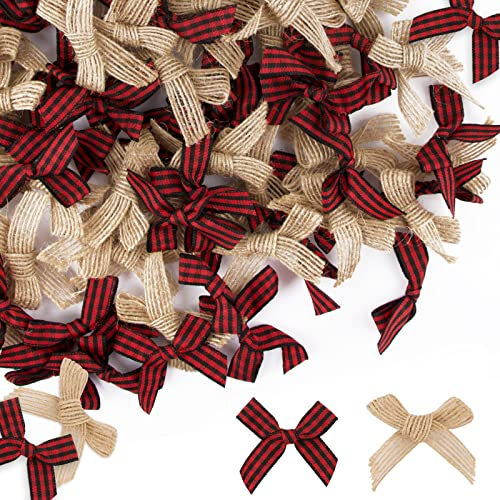 BETESSIN 100 Stücke Mini Weihnachtsschleifen Vintage Kariert Weihnachten Schleifen Christbaum Bogen Weihnachtsbaumschmuck Weihnachtsdeko Homedeko DIY Handwerk