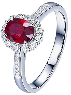 AMDXD Damen-Ring aus 750 Weiß Gold mit Rubin 1.17ct und Diamant Verlobungsring Silber, Ich Liebe Dich Geschenke Für Frauen, Gr.62 (19.7)