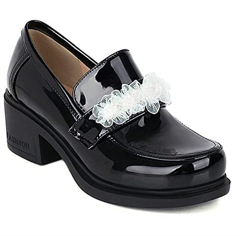 HOTRA Mocasines de Mujer de Charol Penny Zapatos Oxford de Tacones Gruesos con Plataforma Sin Cordones Vestido de Flores Encaje Zapatos de Salón (Color : Negro, Size : 42 EU)