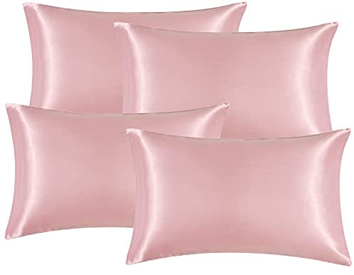 EHEYCIGA Satin Pillow Cases 4 Pack Pink, Silky Pillowcases for hair and skin with Envelope Closure, Standard Size, 50x75 cm