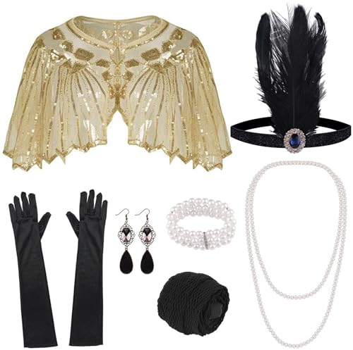 ELECLAND 10-teiliges 1920er Flapper Gatsby Accessoires-Set Fashion Roaring 20's Theme Set mit Stirnband, Kopfbedeckung, langen schwarzen Handschuhen, Halskette, Ohrringen für Frauen