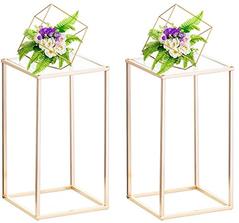 Nuptio Vasi D'oro per Centrotavola Matrimonio con Pannello Acrilico - 2 Pezzi Portafiori Alti 40cm Vasi Metallo Colonna Centrotavola Geometrico Rettangolare per Matrimoni Decorazioni Feste Compleanno
