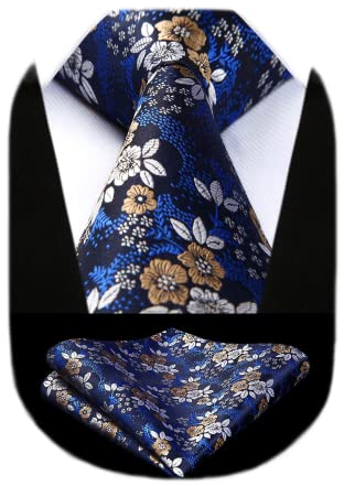 HISDERN Corbatas florales azul marino para hombre Pañuelo Corbata floral de boda y juego de pañuelos de bolsillo