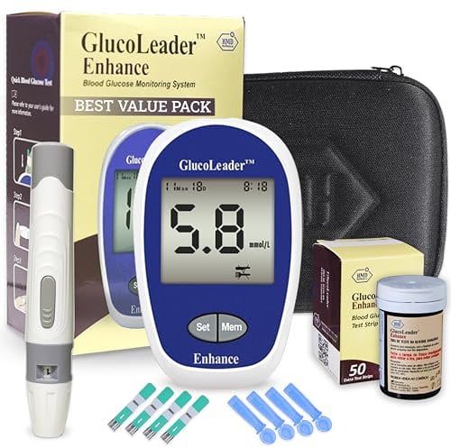 Glucoleader Enhance Blood Glucose Monitor with (10+50) Blood sugar Test Strips and Lancets - Blood Glucose Test Kit in mmol/L - CE Approved - ISO Certified - Made in Taiwan