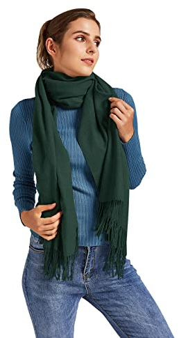 VaneriHome Schal Damen Frühling Herbst einfarbig mit Quaste Elegante Stola für Freizeit Abendkleid Hochzeit 190x63cm, Dunkelgrün
