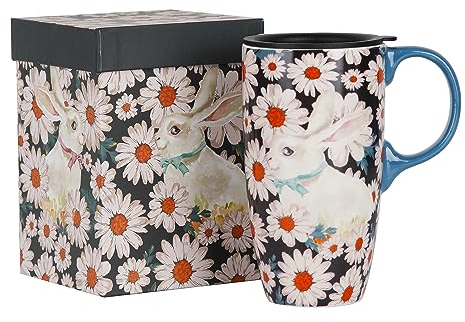 DUSVALLY Ceramic Mug Large Coffee Cup Tall Mugs Porcelain Latte Tea Cup with Lid 17oz,Rabbit
