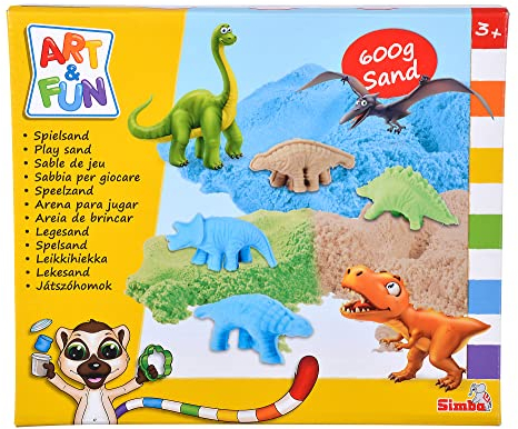 Art and Fun Spielsand Set Dinosaurier, 3X 200g Sand, Plattform, 4X Dino 3D Form, Fossilform, Roller, Messer, ab 3 Jahre