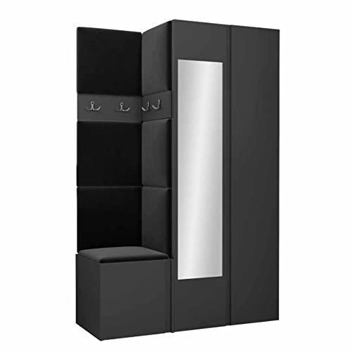 Mirjan24 Garderoben-Set Monati XXVI, Kleiderschrank mit Spiegel, Schuhschrank, 4 Doppelhaken, Kleiderhakenbrett, Gepolstertes Paneel/Wandpaneel, Flurgarderobe Wandgarderobe (Graphit, Manila 18)