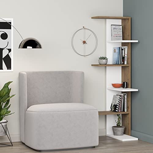 HOCUS PICUS 5-Tier Corner Bookcase Modern Space Saving Wooden Shelf Wall-Mounted Display Rack for Living Room, Office, Kids Room - 141x37x24cm - Multiple Colors (White-Dark Oak)