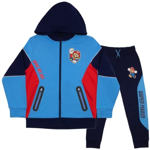 Nintendo Super Mario Jungen Kapuzenpullover und Jogginghose mit Reißverschluss, 2er-Pack, Mario Here We Go Jungen Kapuzen-Sweatshirt und aktive Sweatpants, Blau, 6-7