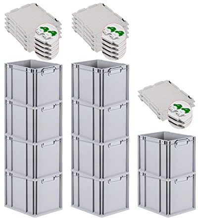 PROREGAL SuperSparSet 10x Eurobox NextGen Grip mit Scharnierdeckel und grünen Schiebeschnappverschlüssen, HxBxT 32x30x40cm, 30 L, Grau, Griffe geschlossen, Eurobehälter, Transportbox