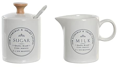 DKD Home Decor Lechera y azucarero de la Marca, Color Blanco, de gres (7,5 x 11 x 9 centímetros)