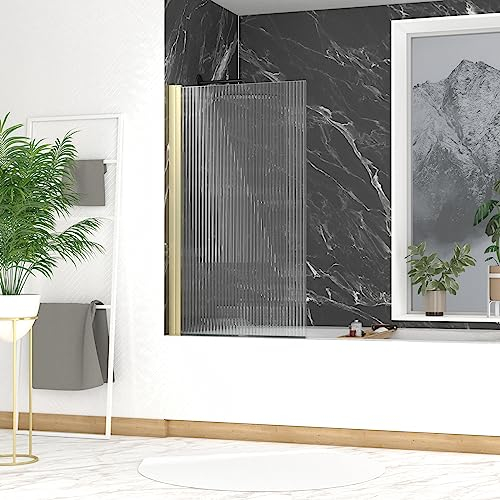 AURLANE Pare-Baignoire Rabattable 80x140cm - Profilé Or Doré Brossé - Verre Trempé Ondulé 5mm - Wavy