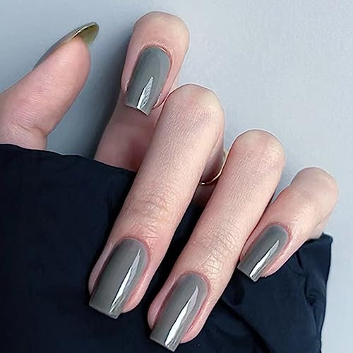 Ceboic 24 Pcs Carrés Faux Ongles Court, Glossy Glänzend Ongles à Coller Couleur Pure French Press on Nails, Acrylique Pleine Couverture Ongles à Presser 12 Tailles pour Femmes et Filles (Gris)