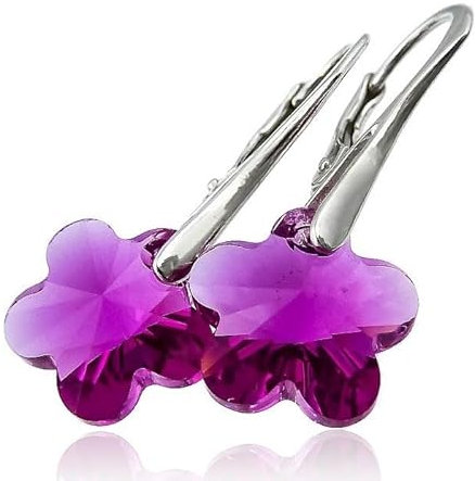 Pendientes originales de flor de cristal fucsia plata de ley 925 certificado - ARANDE, Plata de ley