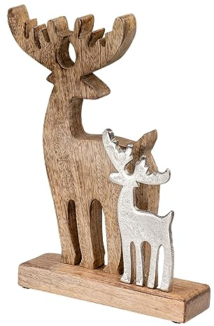 levandeo Aufsteller Rentiere H30cm Holz Metall Natur Silber Mango Tischdeko Weihnachten Tierfigur Skandinavien