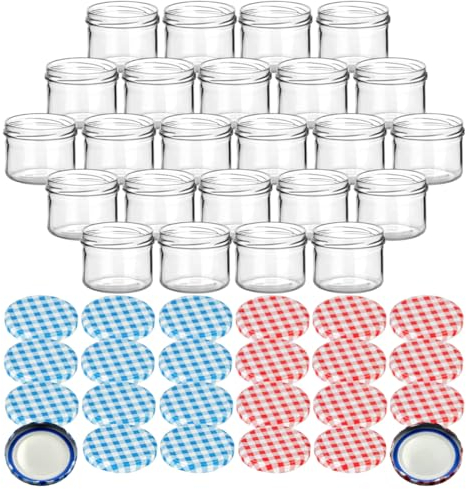 gouveo 24er Set Einmachgläser 230 ml rund mit BlueSeal Schraub-Deckel in karoblau und karorot - Leere Vorratsgläser mit TO Ø 82 mm - Wurstglas