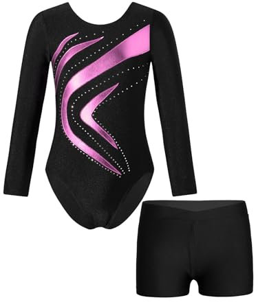 JanJean Kinder Mädchen Gymnastikanzug Glänzend Ballettanzug Langarm Turnanzug Ballett Trikot mit Kurze Hose Wettbewerb Tanzkostüm Y Rosa 134-140
