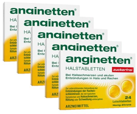 anginetten Halstabletten zuckerfrei | schmerzlindernde Lutschtabletten Honig-Zitronen Geschmack | bei Halsschmerzen, Rötungen & Schwellungen | beruhigt den Hals, desinfiziert den Rachen | 5 x 24 St