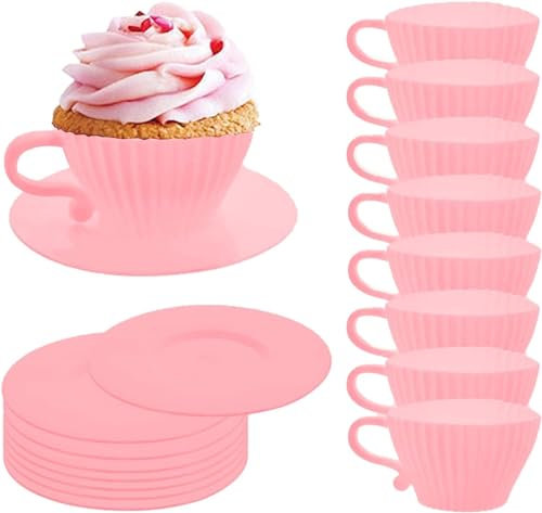Awleynz Silicone Muffin Cup, 20pcs Tea Cups Set, Reusable Silicone Cupcake Baking Cup, Oven Safe Baking Cupcake Liners for Party Christmas Birthday Afternoon Tea, 10 Cups & 10 Saucers