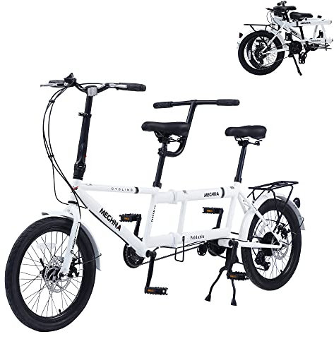 BIXUYOU Klappbares Tandemfahrrad – 20-Zoll-City-Tandem-Faltrad, verstellbares Tandem-Beach-Cruiser-Fahrrad, Faltrad mit 3 Sitzen für Erwachsene, 7 Geschwindigkeiten (Weiß)