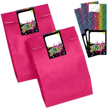 Minkocards Mitgebsel Kindergeburtstag Mädchen 12 Geschenktüten (pink) + 12 Aufkleber Trampolin Jump Geschenktüten für Gastgeschenk einpacken beim Mädchengeburtstag