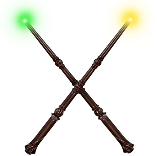 Maikoi Light Up Magic Wizard Wand with Sounds & 4 Color Lights Illuminating Witch Toys for Kids Cosplay Party Birthday Gift, Brown, 2PCS