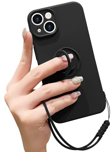 Pepmune Coque pour iPhone 15 en Silicone Liquide avec Anneau De Support,Dragonne Amovible,Support Magnétique De Voiture,Coque De Protection Antichoc-Noir