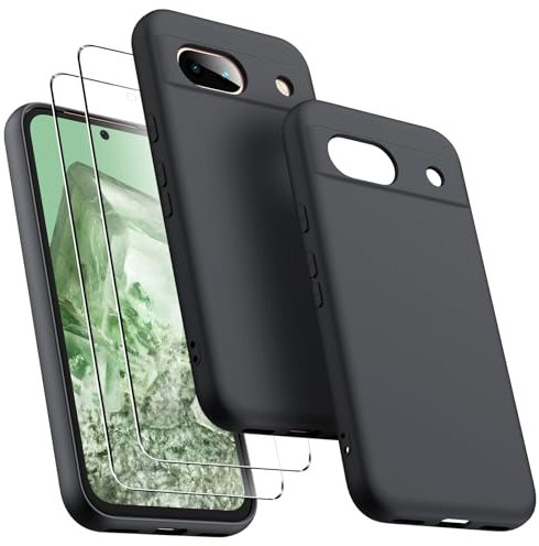 Oududianzi Funda para Google Pixel 8a con 2 Protectores de Pantalla de Vidrio Templado, Carcasa Protectora líquida de Silicona Delgada a Prueba de Golpes para Mujeres/Hombres - Negro